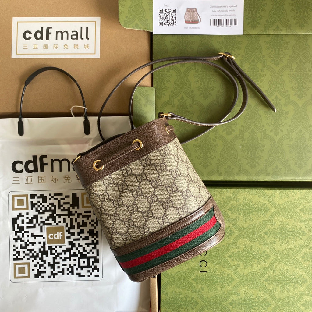 GUCCI OPHIDIA MINI BUCKET BAG 18 WITH WEB IN BEIGE EBONY CANVAS MIX BROWN CALFSKIN