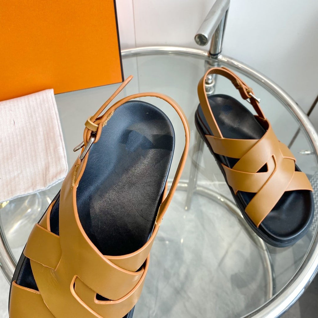 HERMES Genius Sandal Slingback Light Brown Calfskin Leather