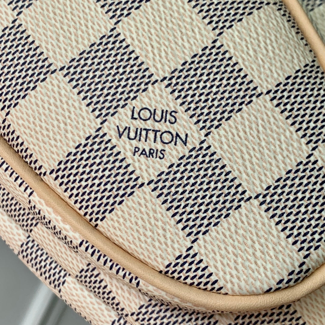 LOUIS VUITTON KEEPIT BUMBAG 29 IN WHITE GREY CHECKERBOARD PATTERN DAMIER AZUR COATED CANVAS