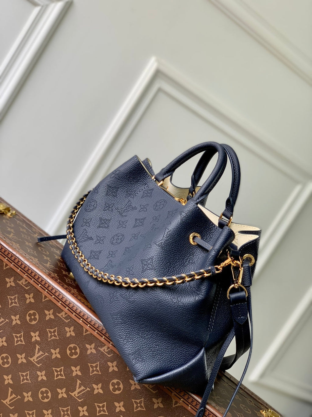 LOUIS VUITTON BELLA TOTE 32 IN DARK BLUE MONOGRAM PERFORATED CALFSKIN GOLD HARDWARE
