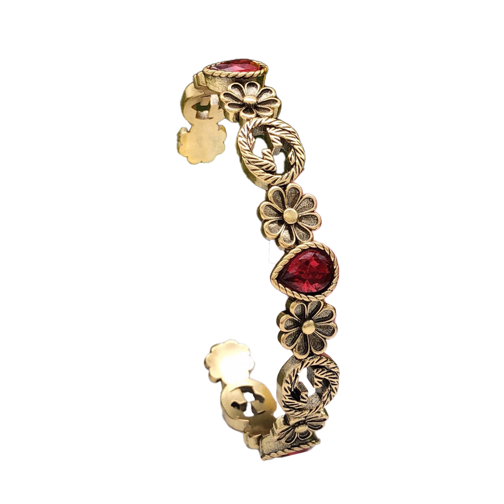 18K Double Gucci Flowers Red Crystals Open Cuff Bracelet