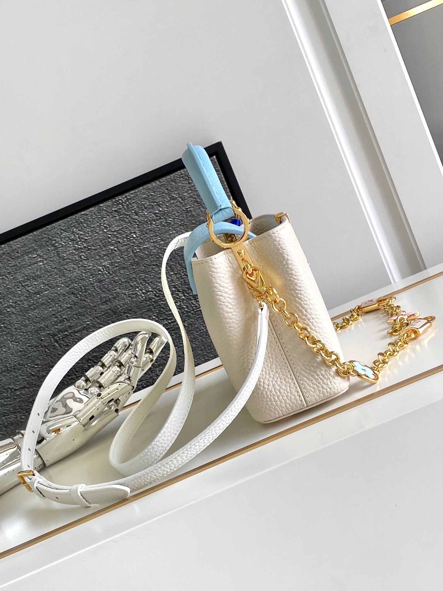 LOUIS VUITTON CAPUCINES MINI 21 IN PEARL WHITE MIX SKY BLUE TAURILLON GOLD HARDWARE