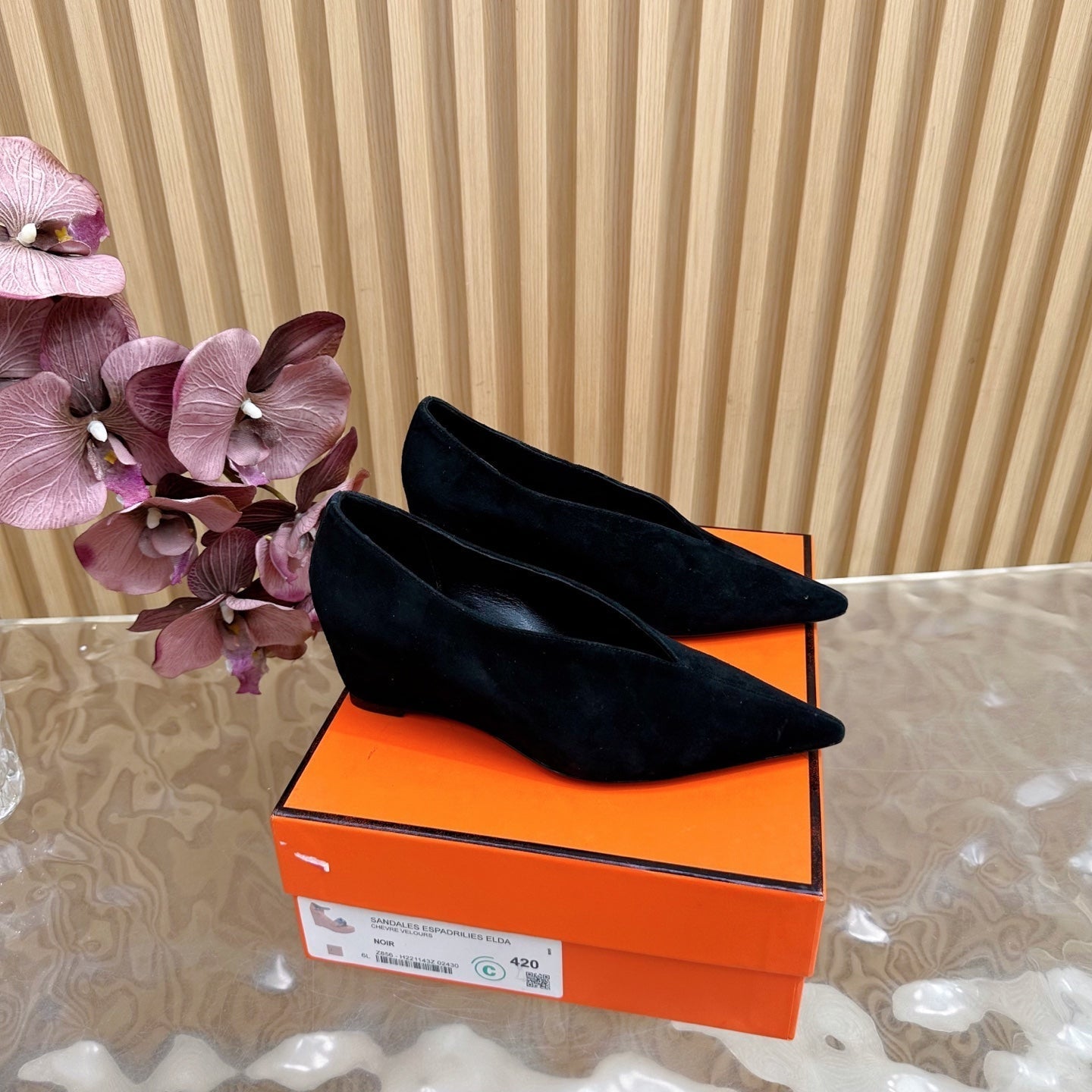 HERMES 25S HIGH-HEEL WEDGE SHOES 50 MM IN BLACK SUEDE