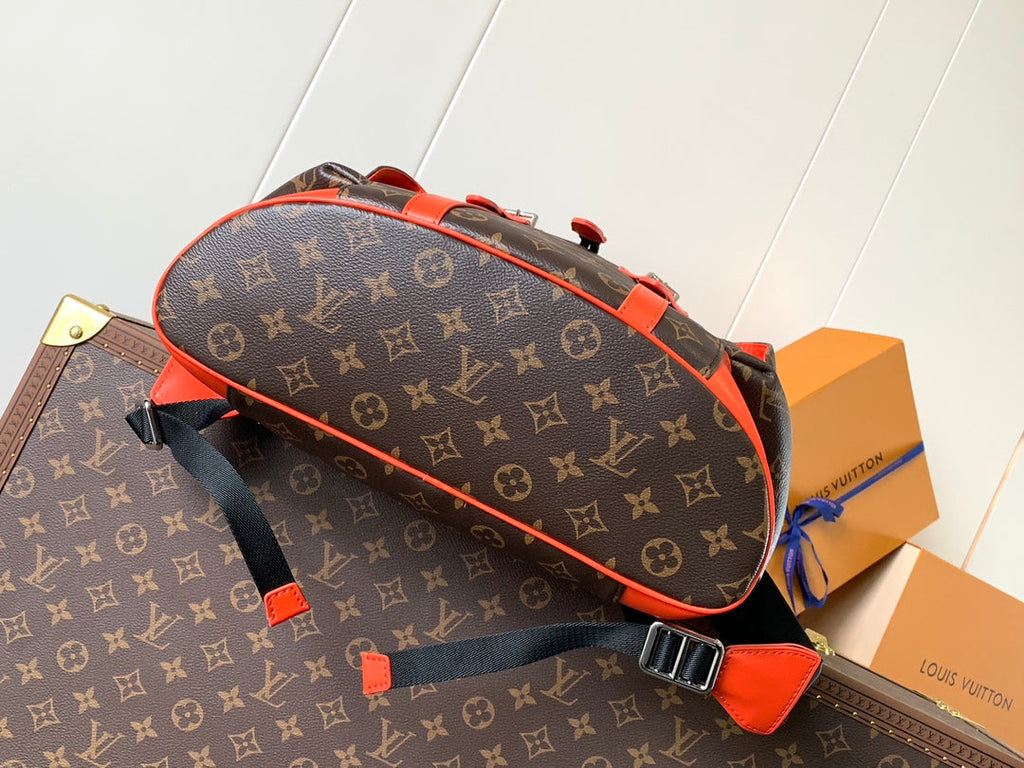 LOUIS VUITTON LV 25S CHRISTOPHER BACKPACK 48 IN BROWN AND VERMILION CANVAS MONOGRAM