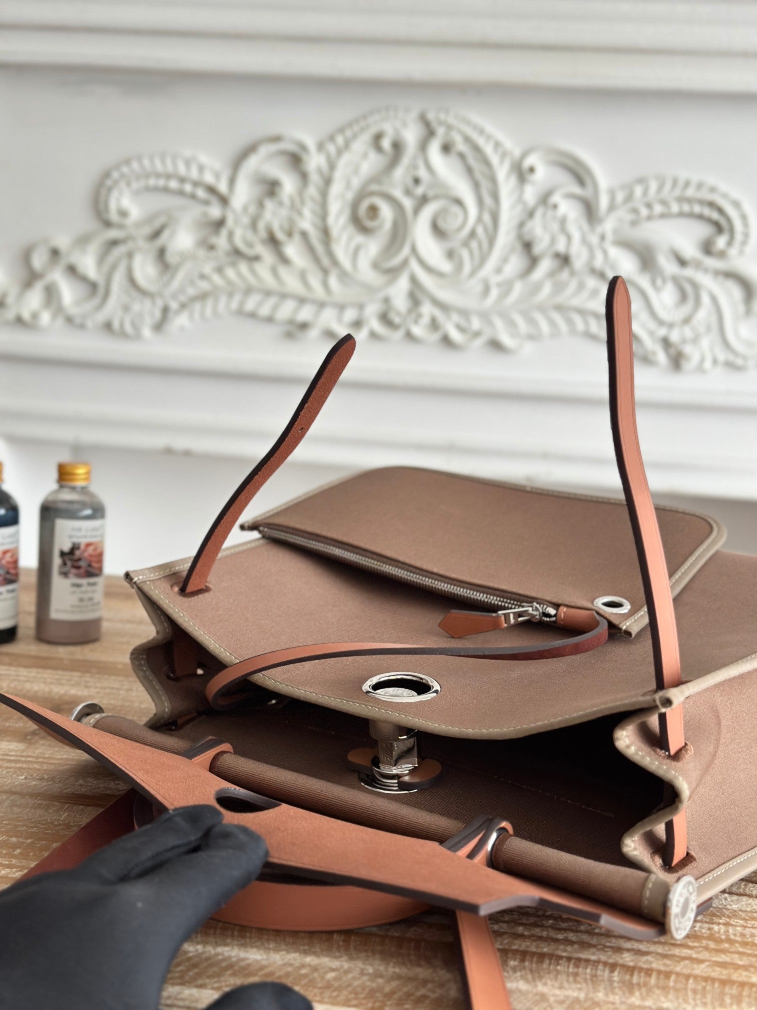 HERMES ZIP CABINE 31 BAG IN CHOCOLATE BROWN CANVAS AND BRONZE BROWN CALFSKIN