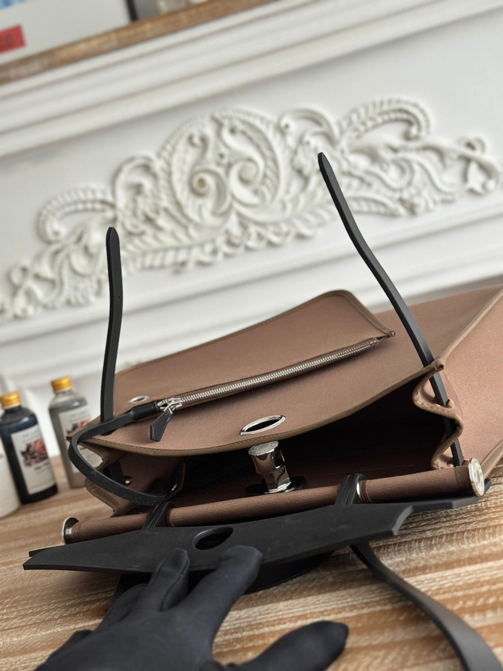 HERMES ZIP CABINE 31 BAG IN CHOCOLATE BROWN CANVAS AND BLACK CALFSKIN