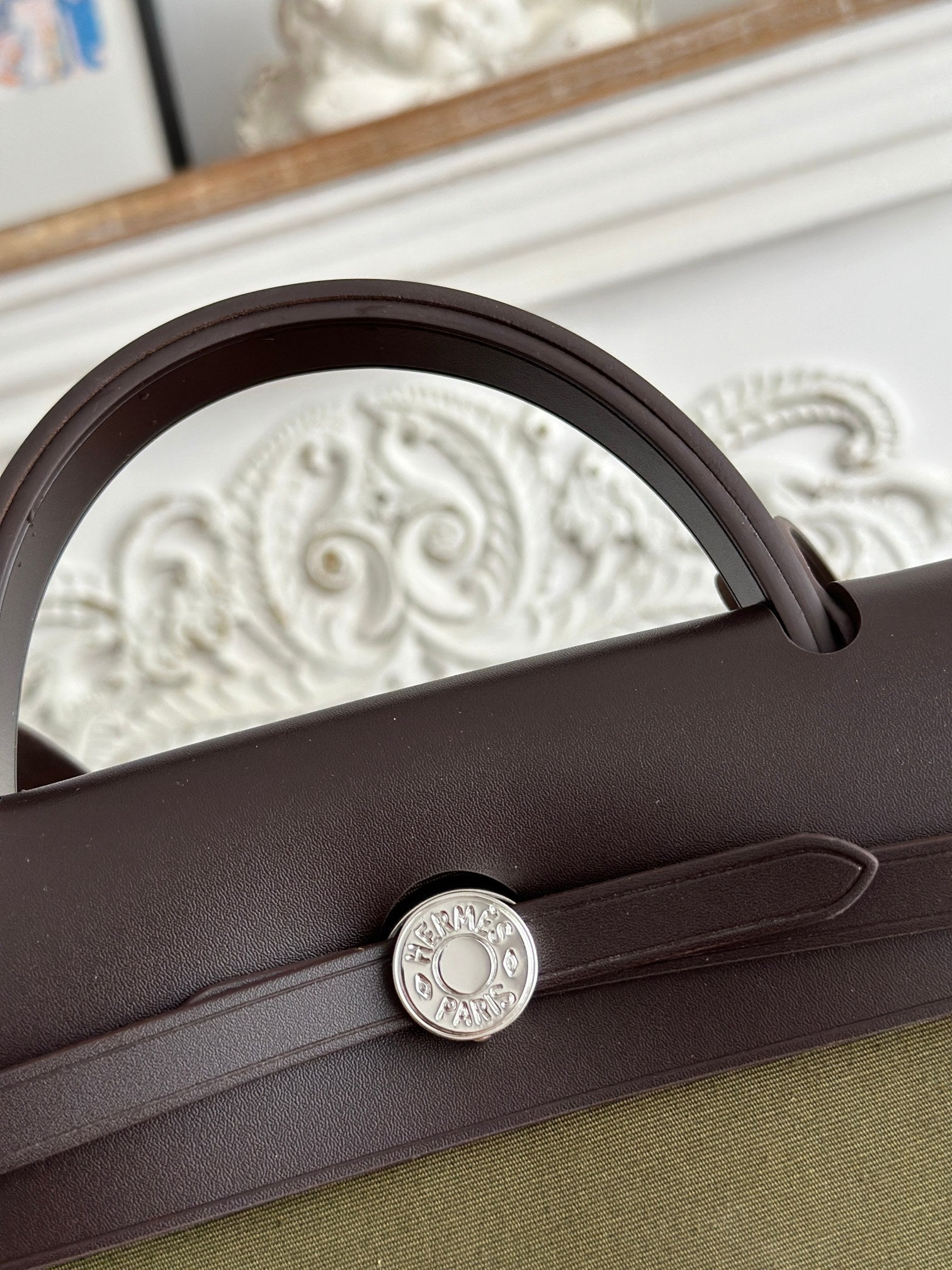 HERMES ZIP CABINE 31 BAG IN OLIVE GREEN CANVAS AND BLACK CALFSKIN