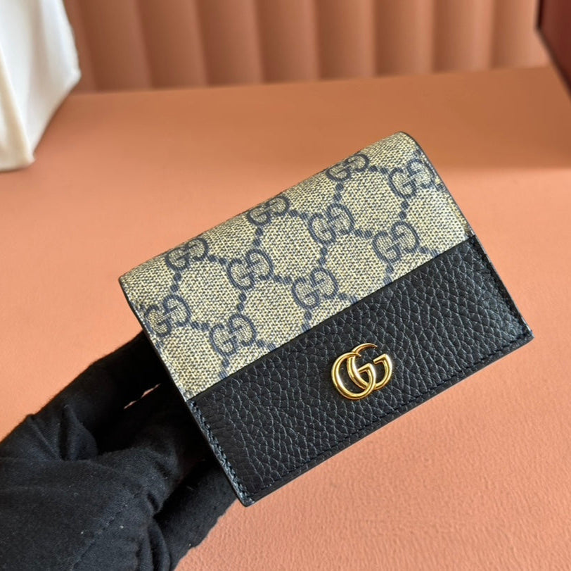GUCCI MARMONT BI-COLOUR CARD CASE WALLET 11 IN BLUE BEIGE EBONY  CANVAS BLACK CALFSKIN