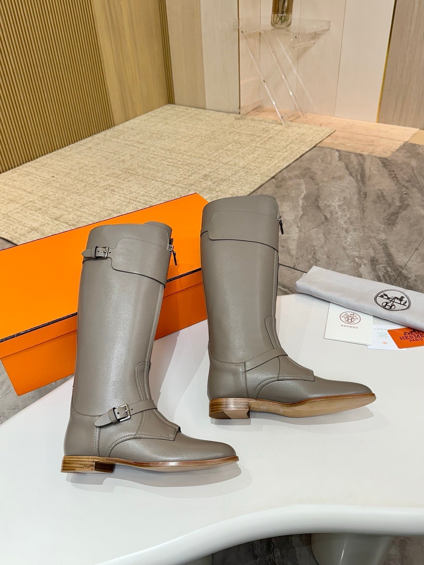HERMES 25S RIDING BOOTS IN GREY LAMBSKIN WITH SILVER HARDWARE