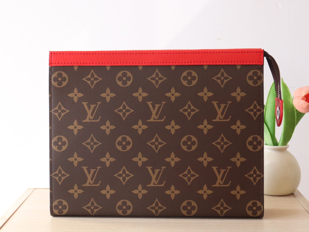 LOUIS VUITTON LV 25S POCHETTE VOYAGE 26 IN SARI RED MONOGRAM MACASSAR COATED CANVAS