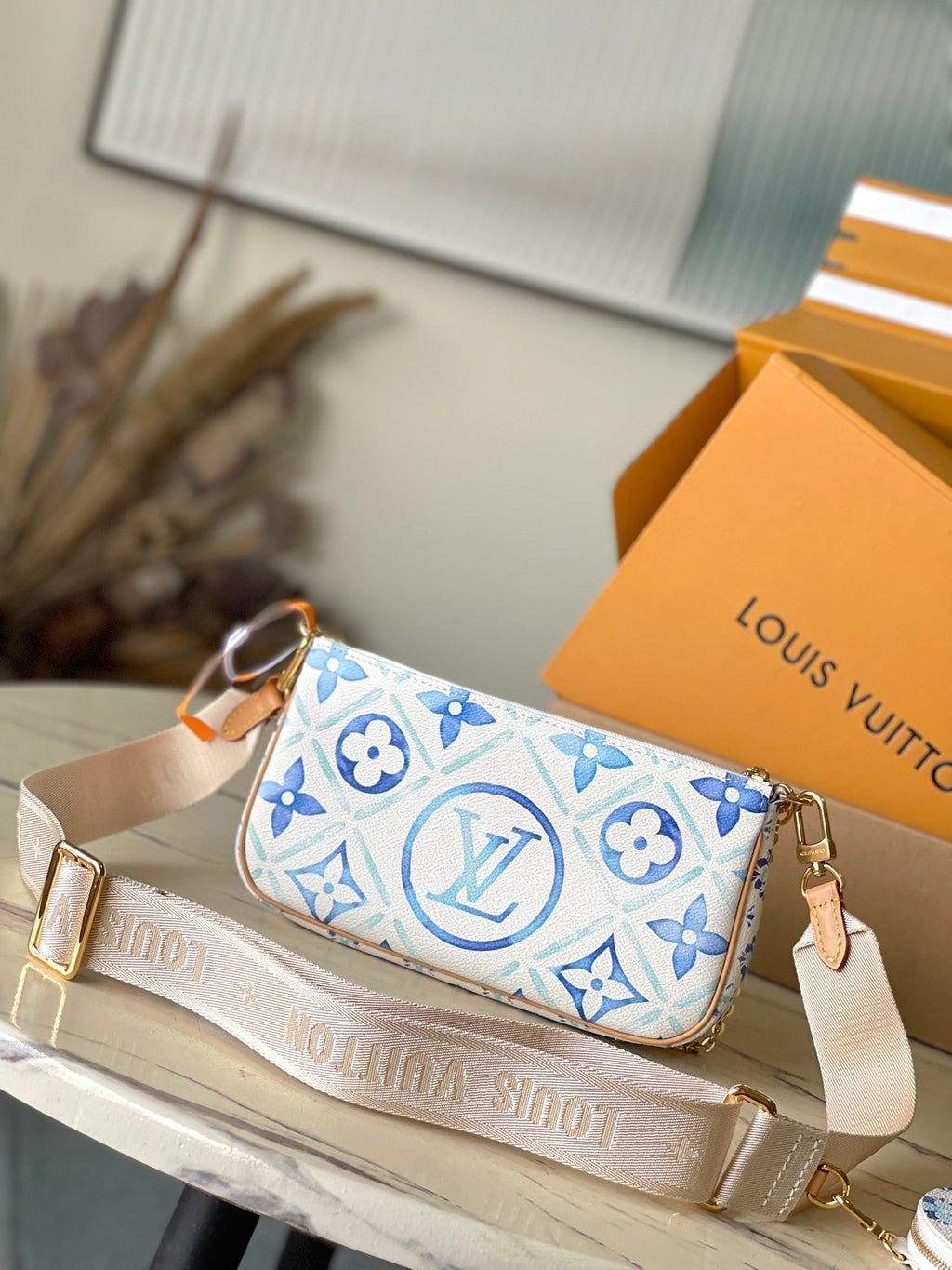 LOUIS VUITTON MULTI POCHETTE ACCESSOIRES 24 IN LAGOON BLUE MONOGRAM TILES CANVAS GOLD HARDWARE