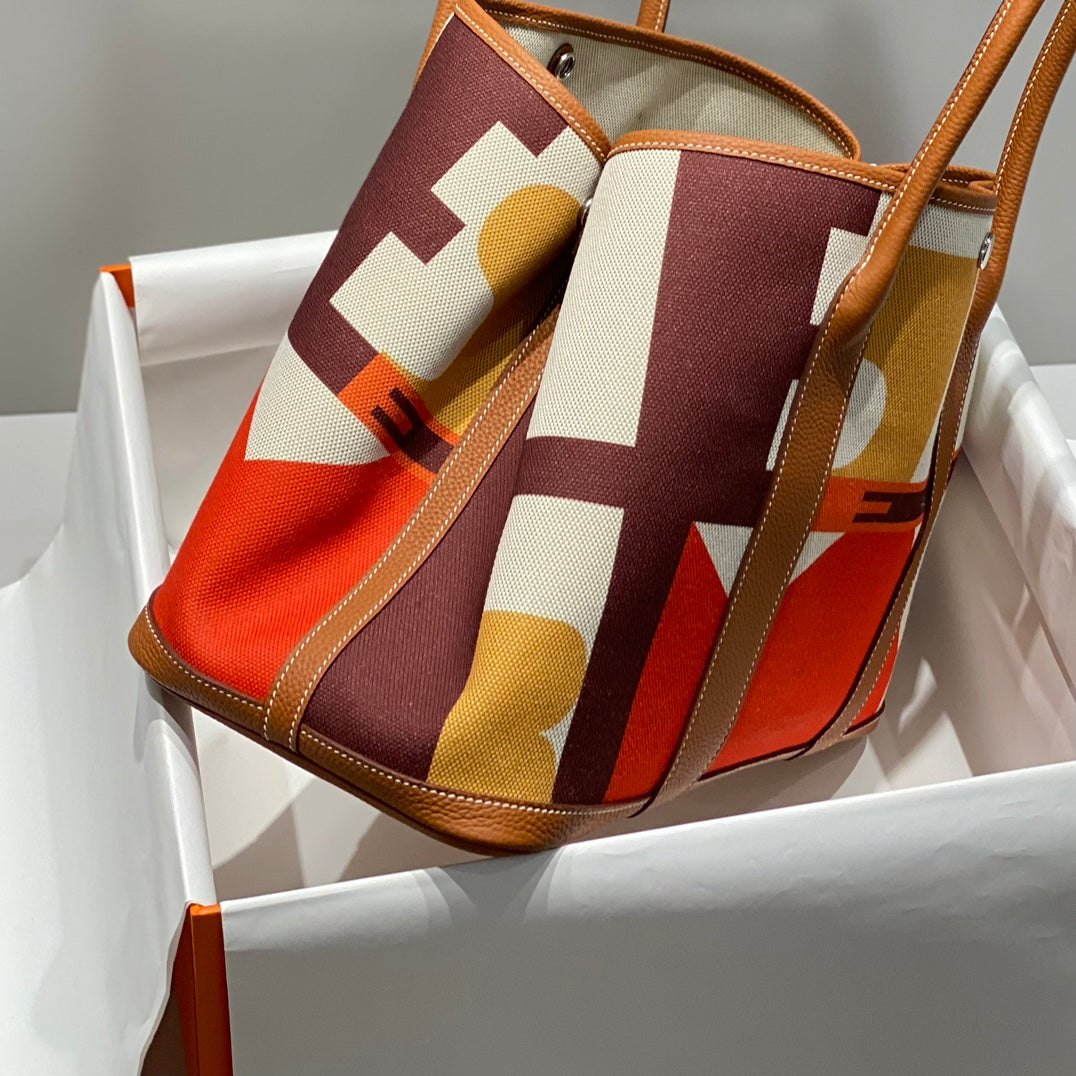 HERMES GARDEN PARTY 36 IN MULTICOLOR TOILE H CANVAS GOLD CALFSKIN ABSTRACT GEOMETRIC BLOCKS PRINT