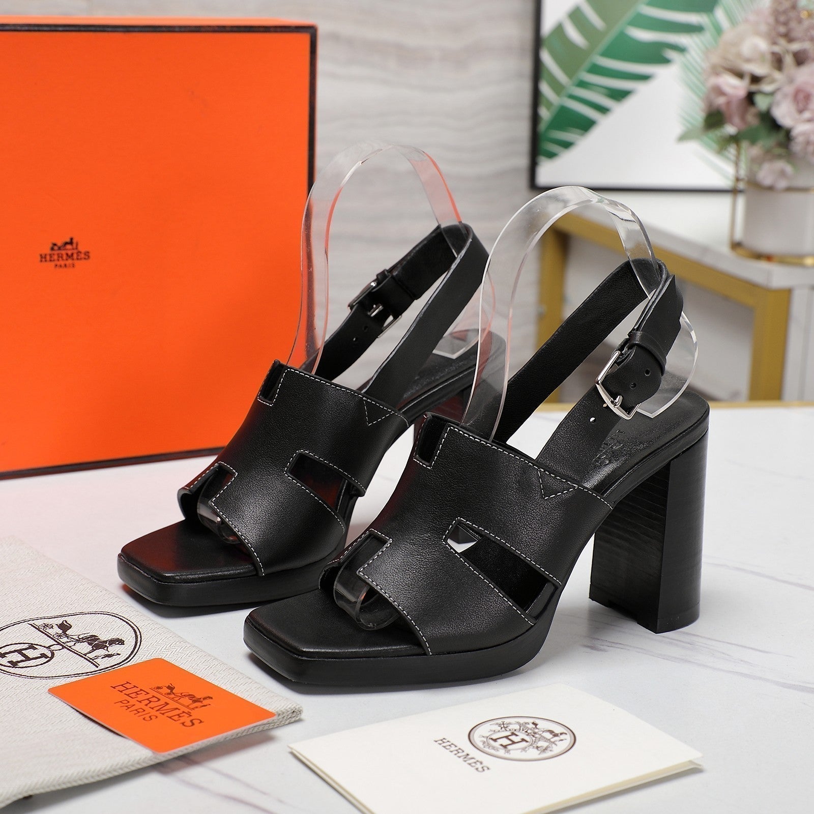 HERMES ERIS 95 SANDAL BLACK CALFSKIN