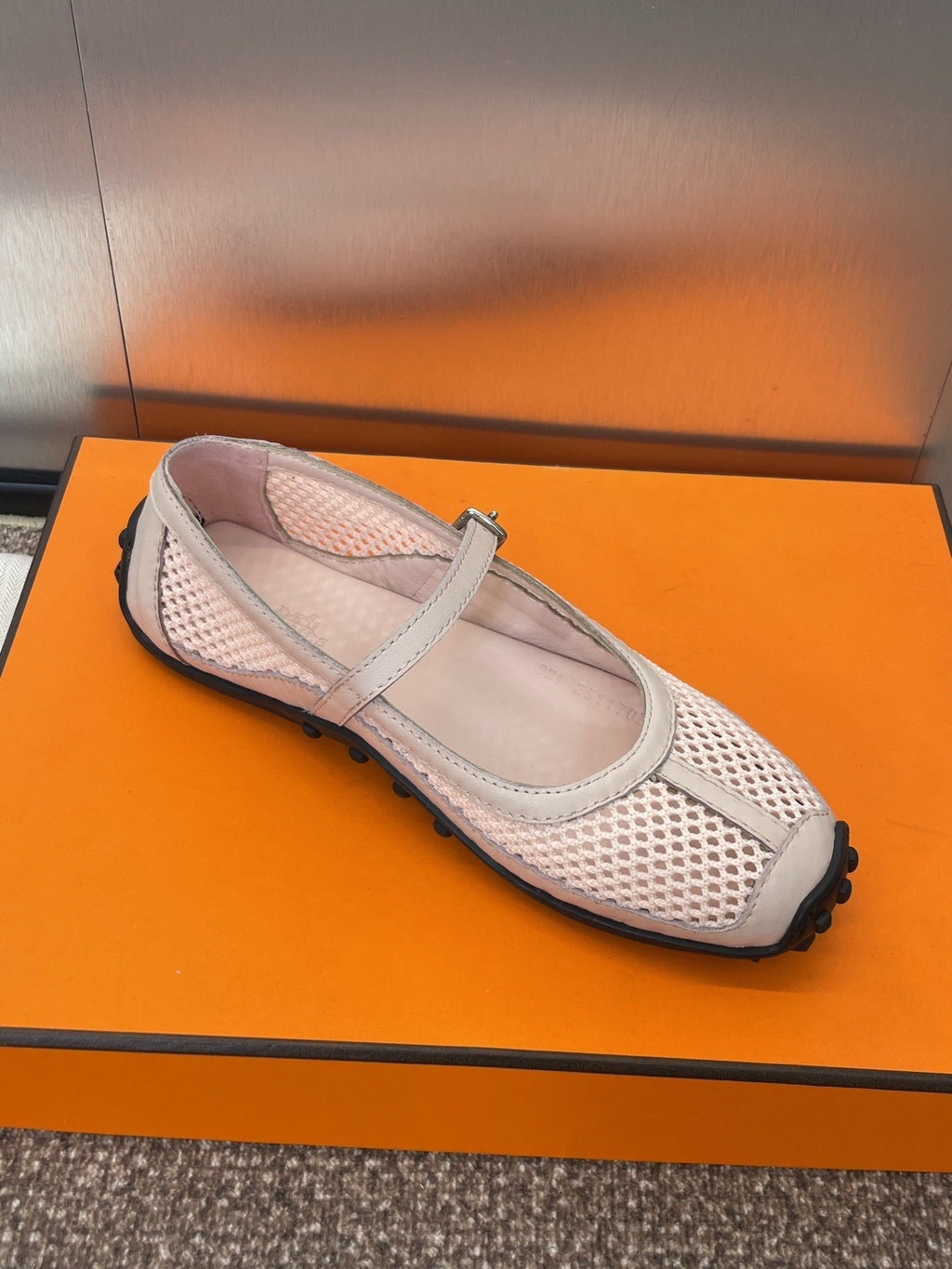 HERMES KICHU BALLET FLAT IN LIGHT PINK CROCHET KNIT AND CALFSKIN