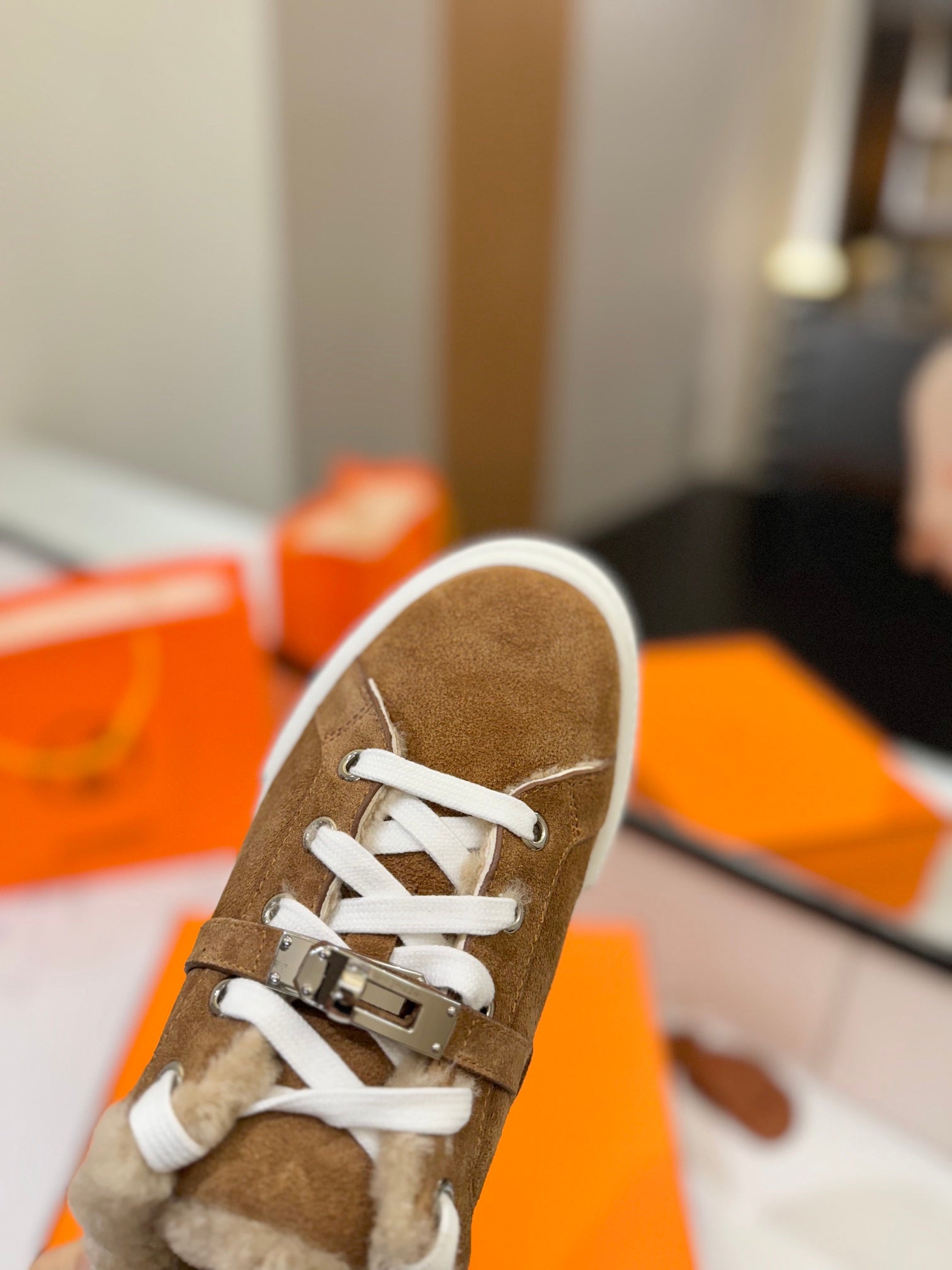 HERMES DAY SNEAKER IN BRONZE BROWN SUEDE AND FLEECE LINING